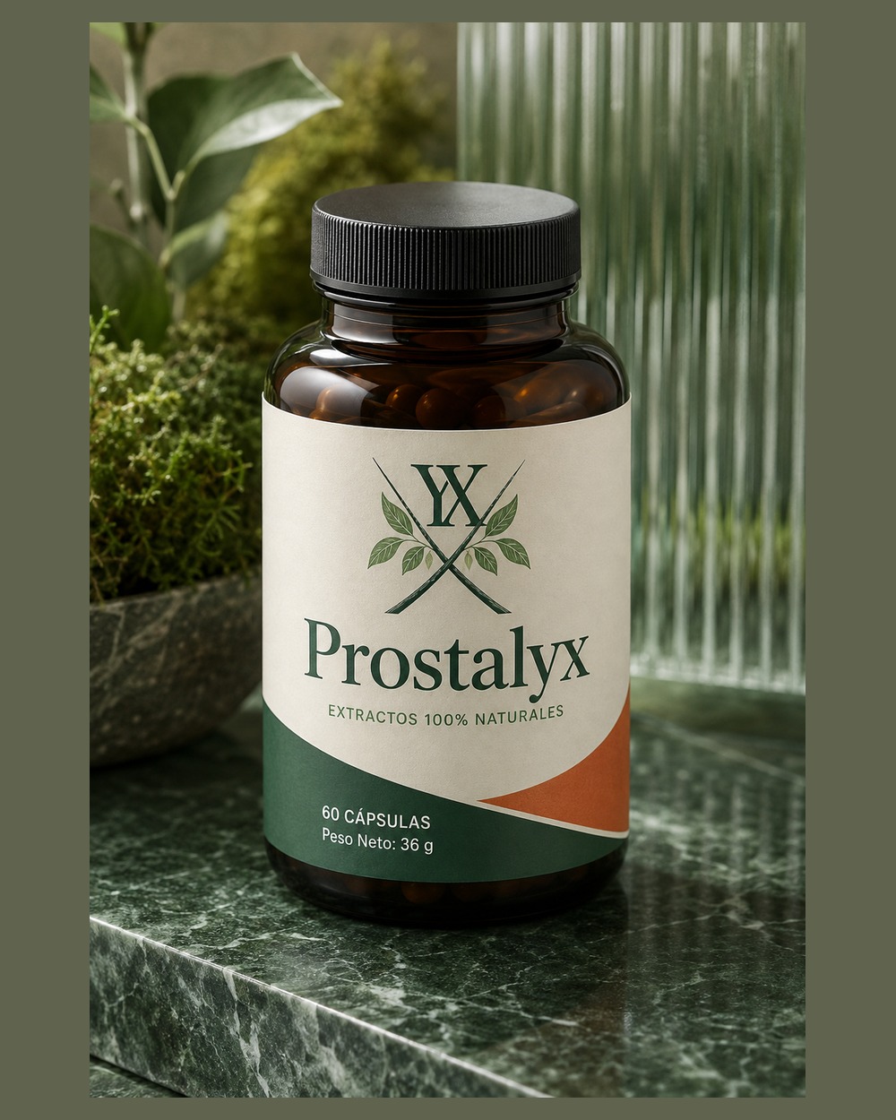 Prostalyx en una composición de estudio con tonos crema y verdes